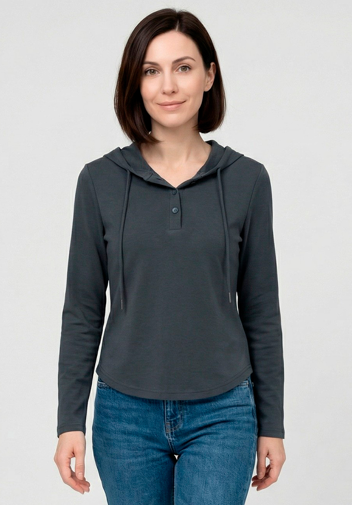 Kadın Düğme Yakalı Kapüşonlu İki İplik Bluz - 3