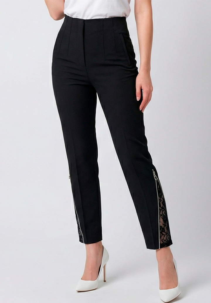 Kadın Siyah Yüksek Bel Paçası Dantelli Fermuar Detaylı Pantolon - 3