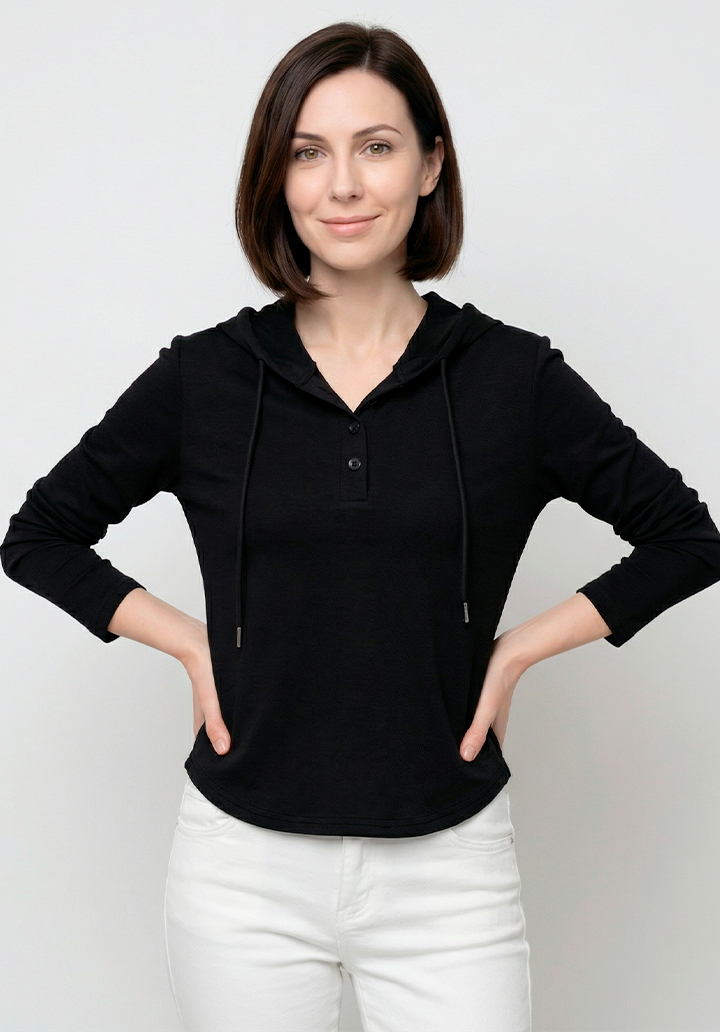 Kadın Düğme Yakalı Kapüşonlu İki İplik Bluz - 3