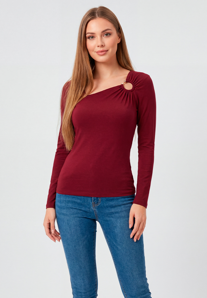 Uzun Kollu Asimetrik Yaka Halka Detaylı Bluz - 3