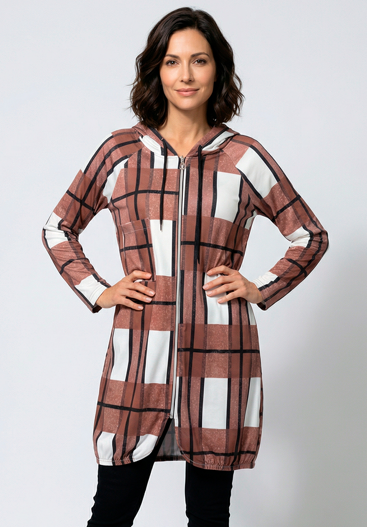 Kadın Kapüşonlu Ekose Desenli Cep Detaylı Şardonlu Ceket - 3