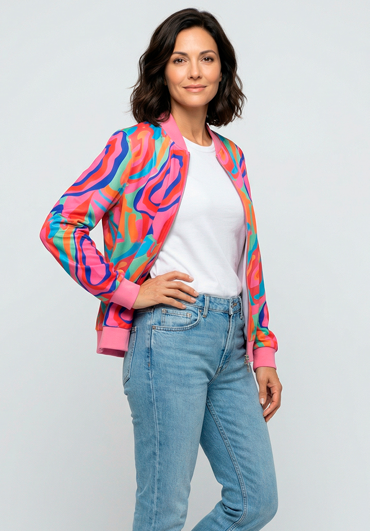 Kadın Kolları Ribana Detaylı Desenli Bomber Ceket - 3