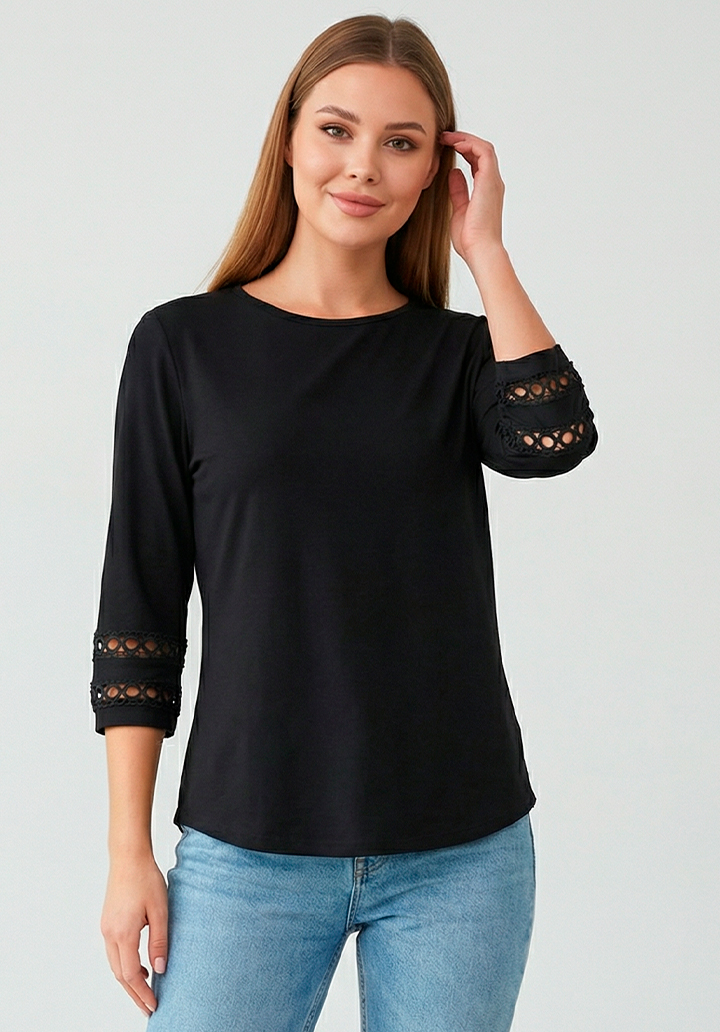 Siyah Kolu Dantel Detaylı Bisiklet Yaka Şık Kadın Bluz - 3