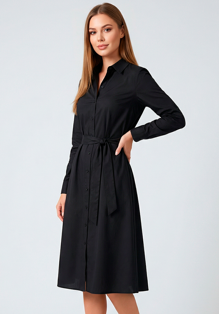 Siyah Trikoton Kumaş Kuşaklı Önden Düğmeli Midi Boy Gömlek Elbise - 3