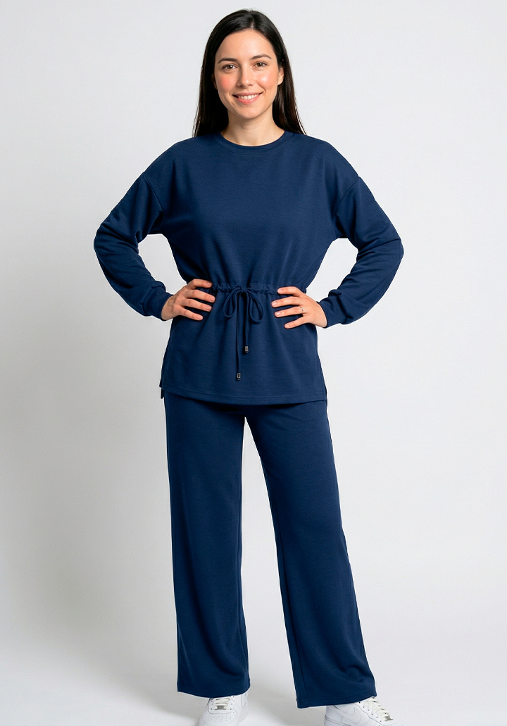 Kadın Beli Bağlamalı Büzgülü Rahat Kesim İki İplik Kumaş Alt Üst Takım - 3