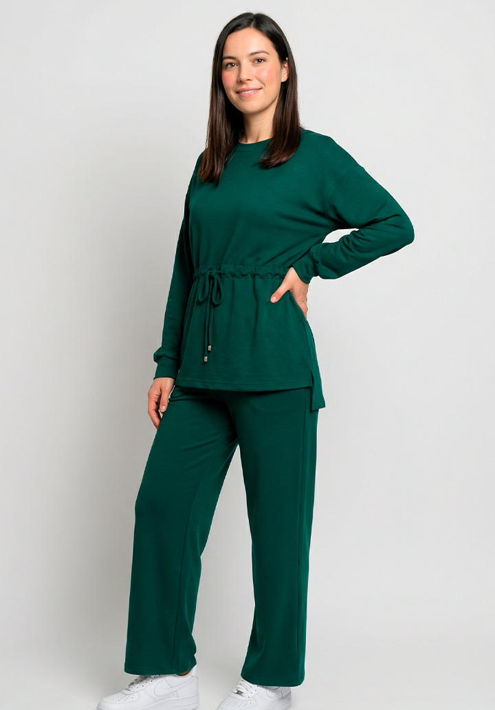 Kadın Beli Bağlamalı Büzgülü Rahat Kesim İki İplik Kumaş Alt Üst Takım - 3