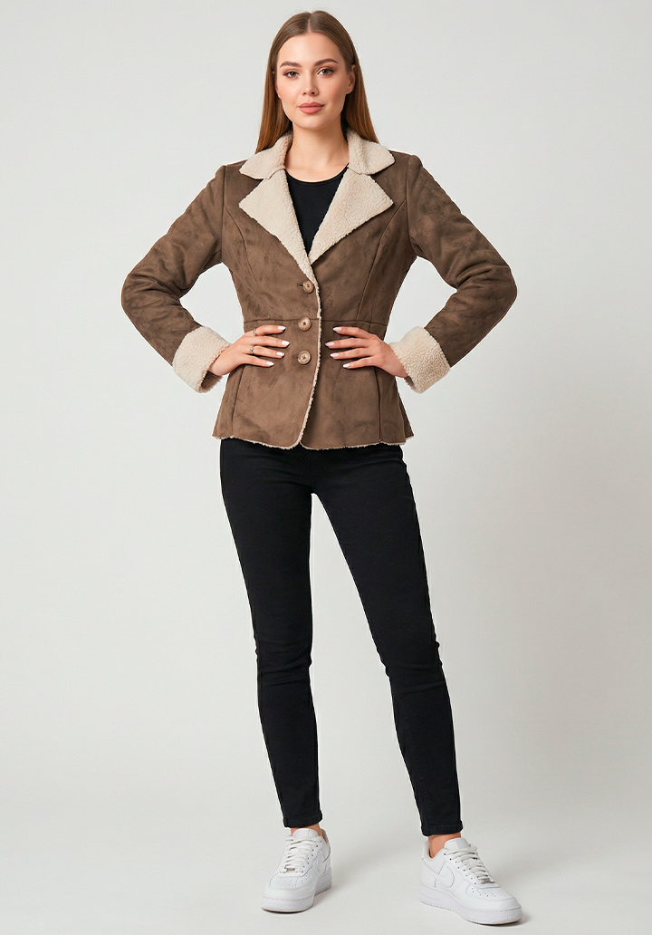 Kadın Kahverengi İçi Peluş Belden Oturtmalı Şık Süet Mont Ceket - 3