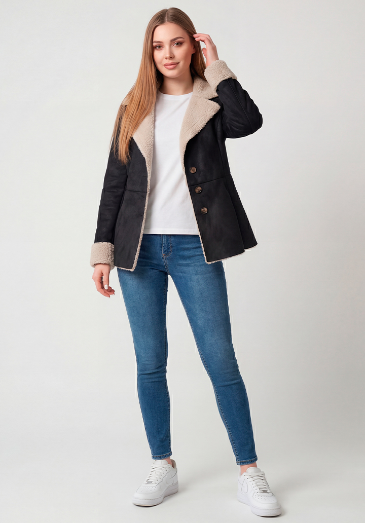 Kadın İçi Peluş Belden Oturtmalı Şık Süet Mont Ceket - 3