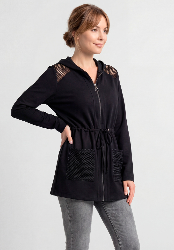 Kadın Siyah File Detaylı Kapüşonlu Fermuarlı Ceket Belden Büzgülü Mevsimlik Ceket - 3