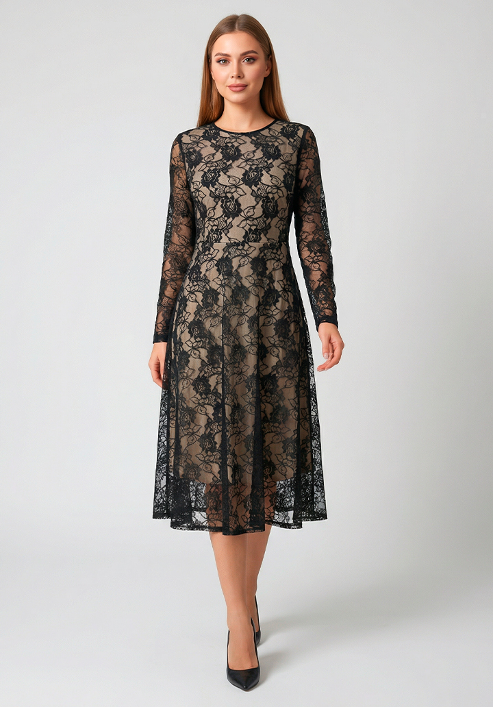 Siyah  Dantel Kaplamalı Ten Rengi Astarlı Midi Boy Elbisesi - 3