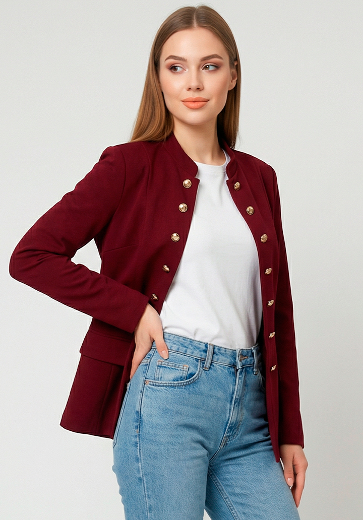 Kadın Gold Düğme Detaylı Hakim Yaka Şık Atlas Ceket - 3
