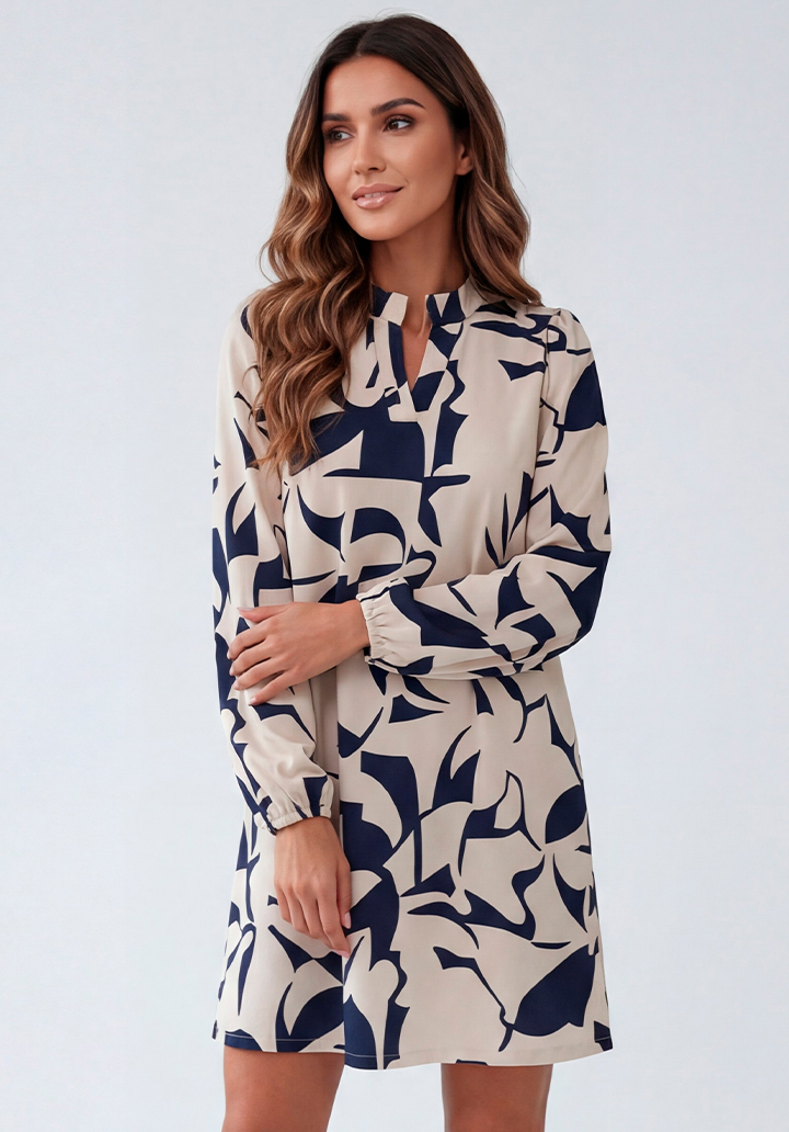 Uzun Kollu Geometrik Desenli V Yaka Kısa Elbise - 3