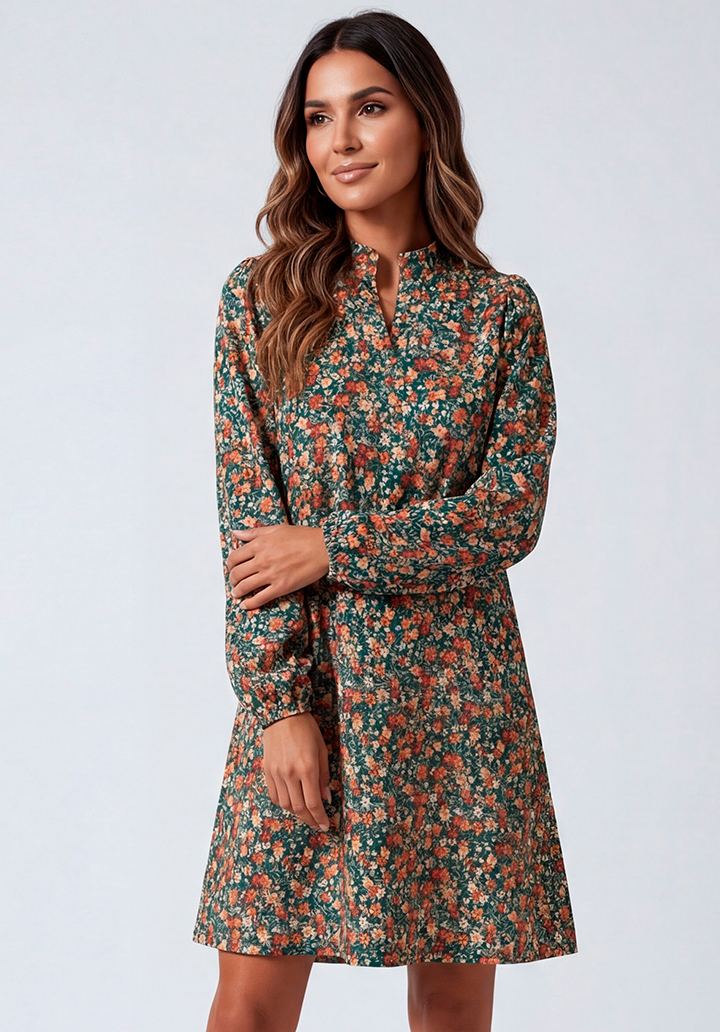 Uzun Kollu Çiçek Desenli V Yaka Kısa Elbise - 3