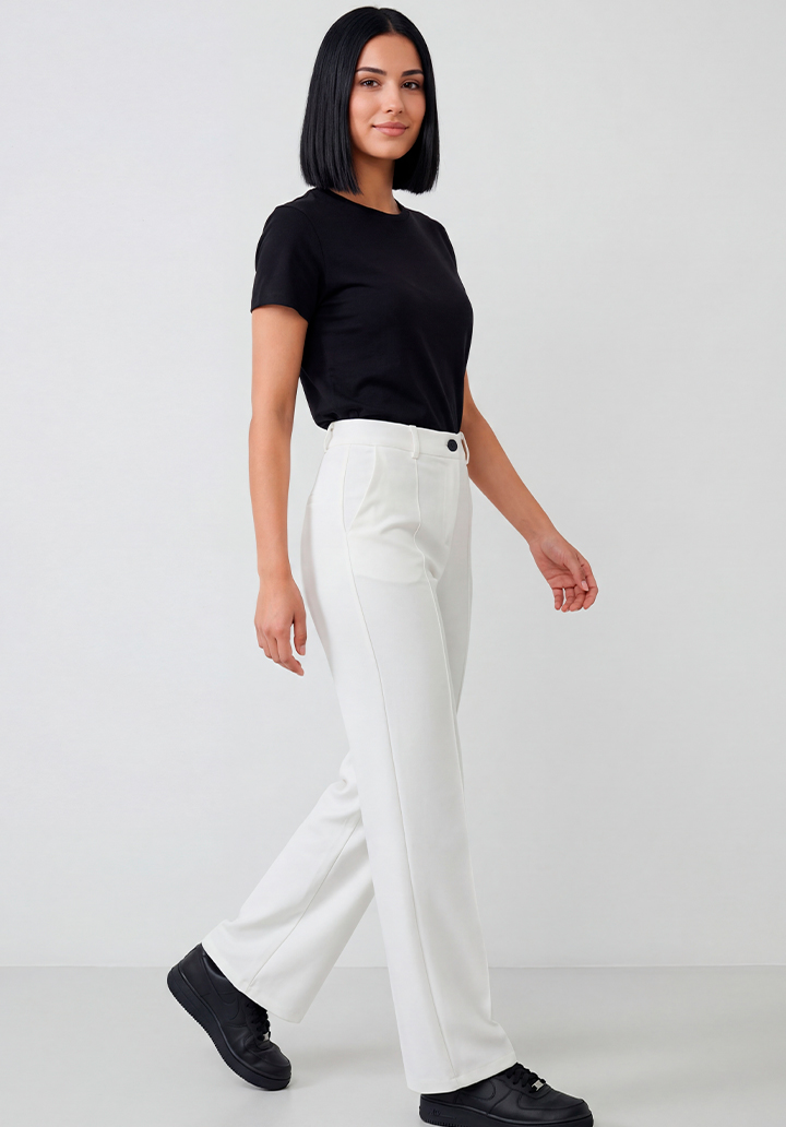 Yüksek Bel Dikiş Detaylı Cepli Beyaz Pantolon - 3