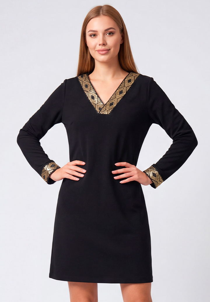 Pul Payet Detaylı V Yaka Siyah Uzun Kollu Mini Elbise - 3