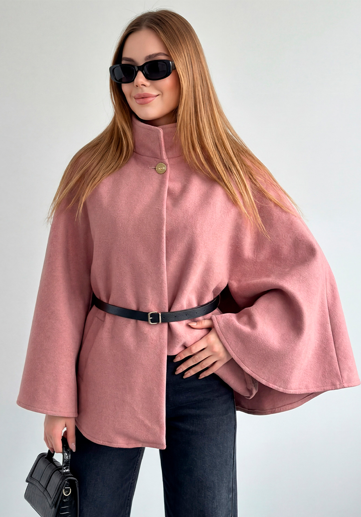 Yarım Kollu Kemerli Dik Yaka Kısa Kaşe Panço - 3