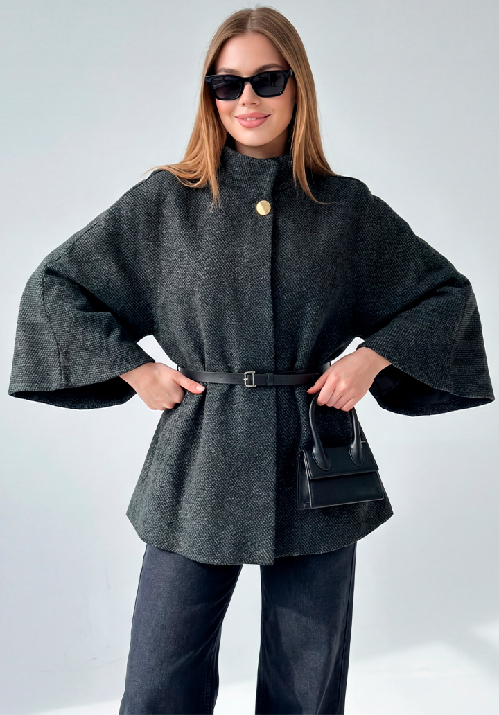 Yarım Kollu Kemerli Dik Yaka Kısa Kaşe Panço - 3