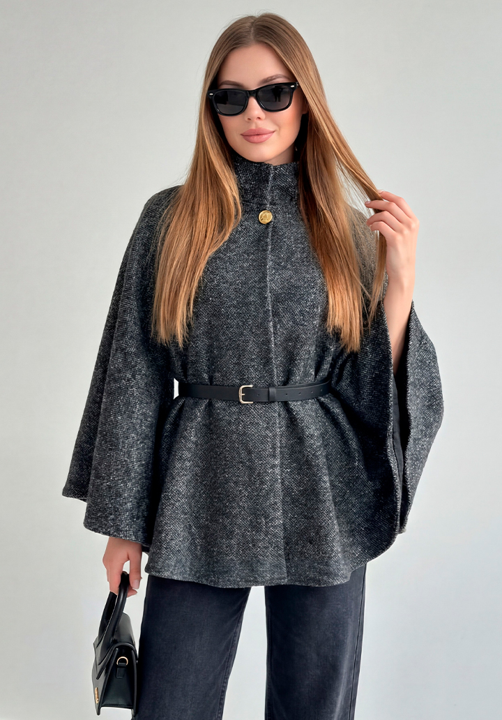 Yarım Kollu Kemerli Dik Yaka Kısa Kaşe Panço - 3