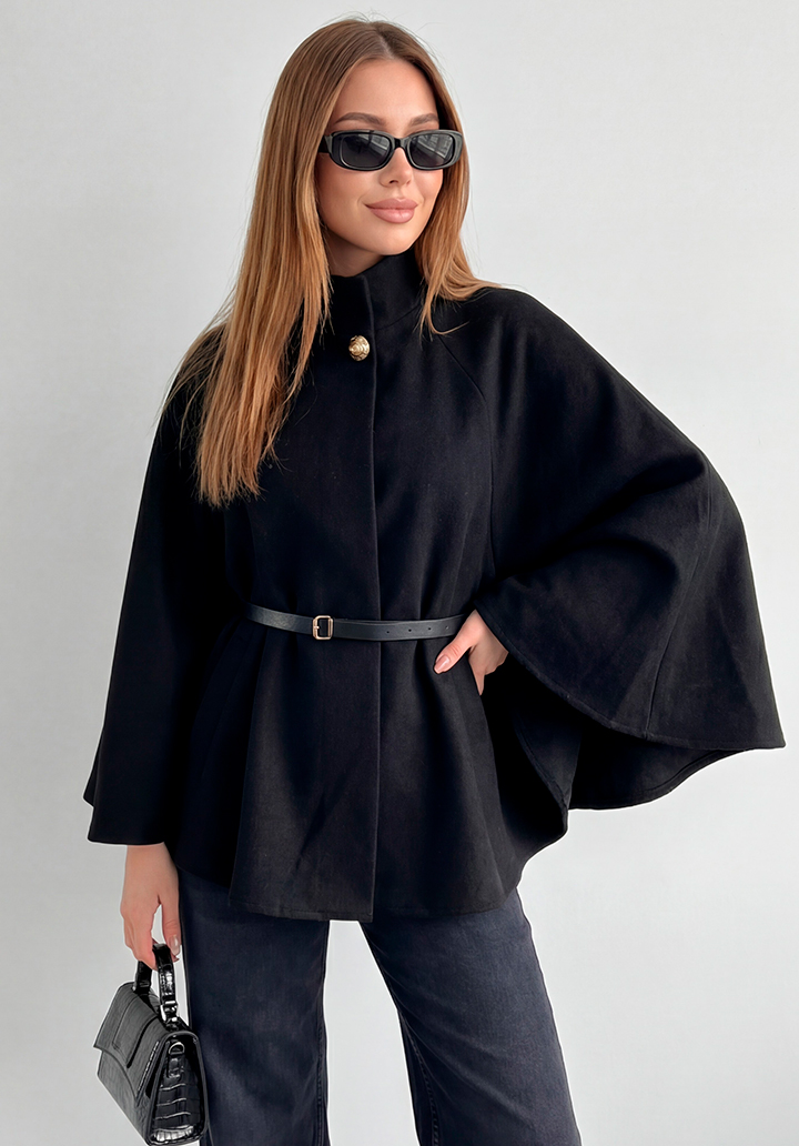 Yarım Kollu Kemerli Dik Yaka Kısa Kaşe Panço - 3