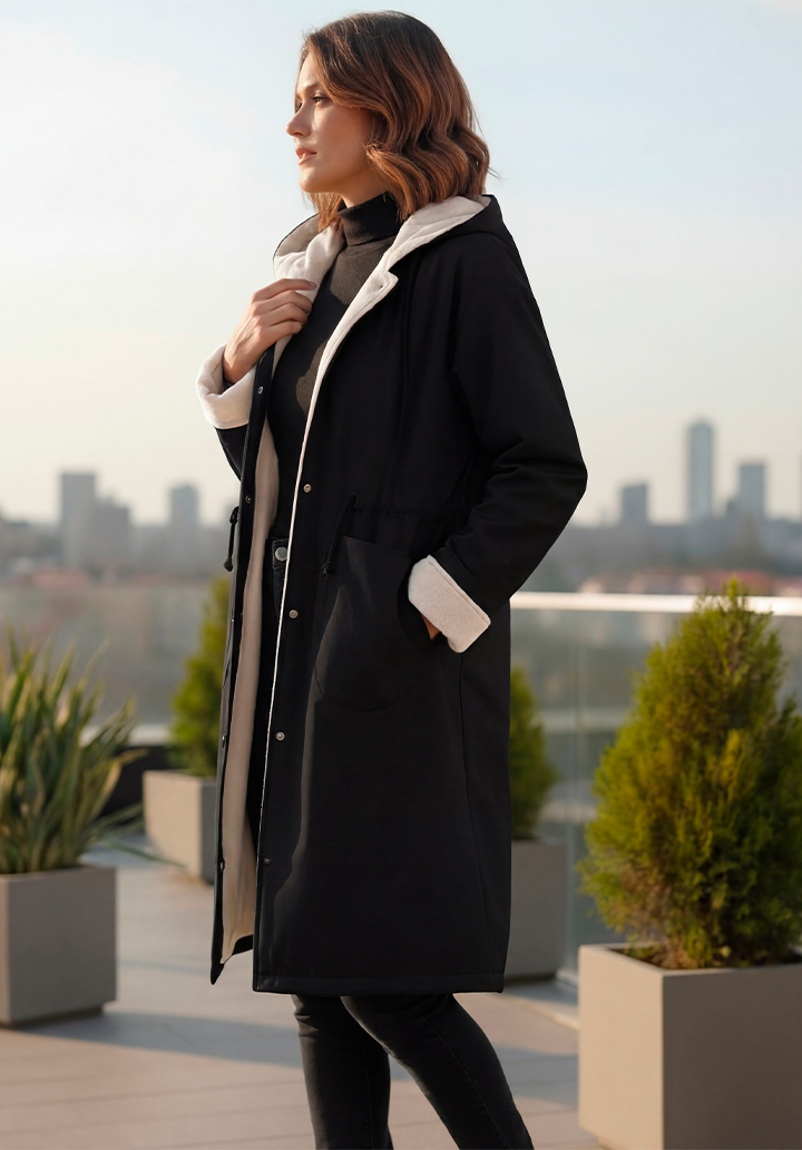 Kapüşonlu İçi Kaşe Su Geçirmez Mikro Kumaş Midi Boy Mont - 3