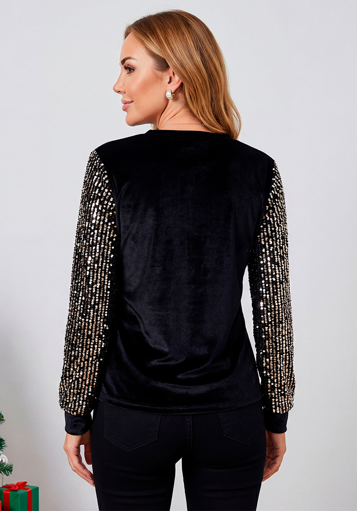 Siyah Kadife Kumaş Kolları Pul Payetli Bisiklet Yaka Bluz - 3