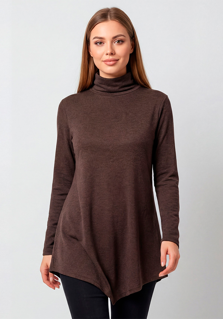 Yün Viskon Boğazlı Asimetrik Kesim Uzun Kahverengi Tunik - 3