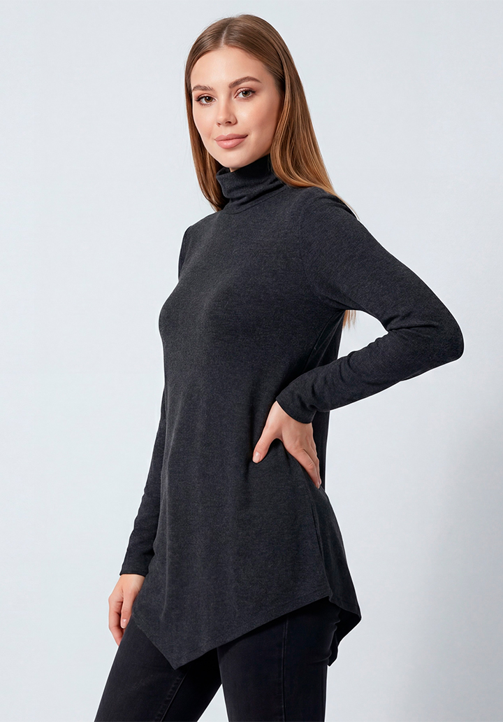 Yün Viskon Boğazlı Asimetrik Kesim Uzun Kahverengi Tunik - 3