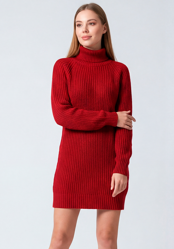 Oversize Rahat Kesim Kırmızı Boğazlı Mini Triko Elbise - 3