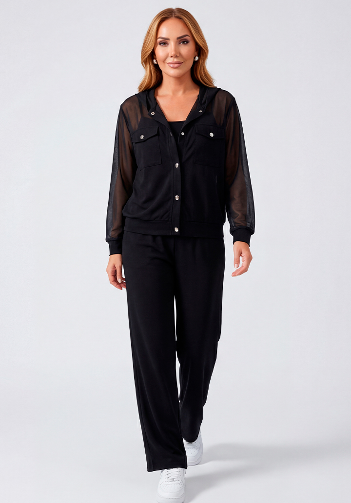 Siyah Tül Detaylı Kapüşonlu Önü Düğmeli Ceket ve Pantolon Alt Üst Takım - 3
