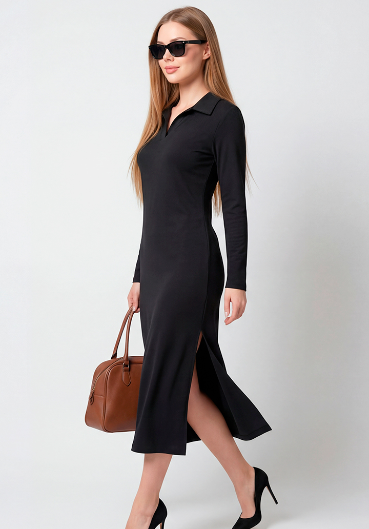 Siyah Polo Yaka Yırtmaçlı Uzun Kollu Midi Boy Elbise - 3