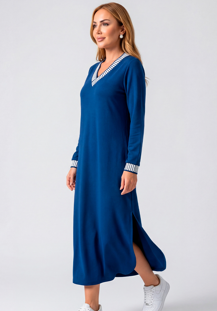 Casual Mavi Uzun Kol Çizgili Yaka Detaylı İki İplik Elbise - 3