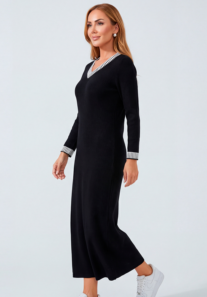 Casual Mavi Uzun Kol Çizgili Yaka Detaylı İki İplik Elbise - 3