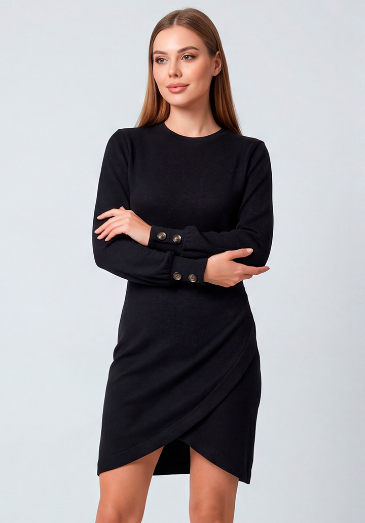 Casual Şık Düğme Detaylı Asimetrik Kesim Kruvaze Sarma Yumoş Elbise - 3