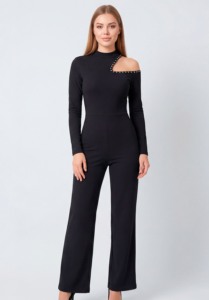 Siyah İnci Detaylı Tek Omuz Açık Balıkçı Yaka Uzun Kol Tulum - 3