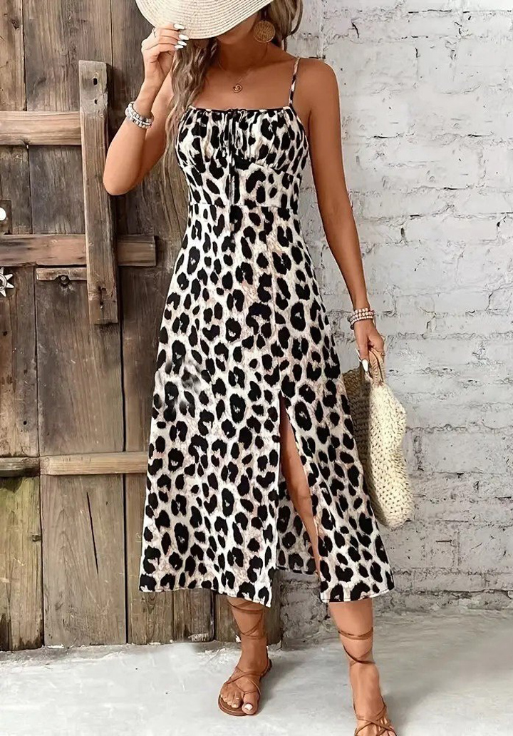 Kadın Askılı Yakadan Bağcıklı Yırtmaçlı Leopar Desenli Midi Süprem Elbise - 3