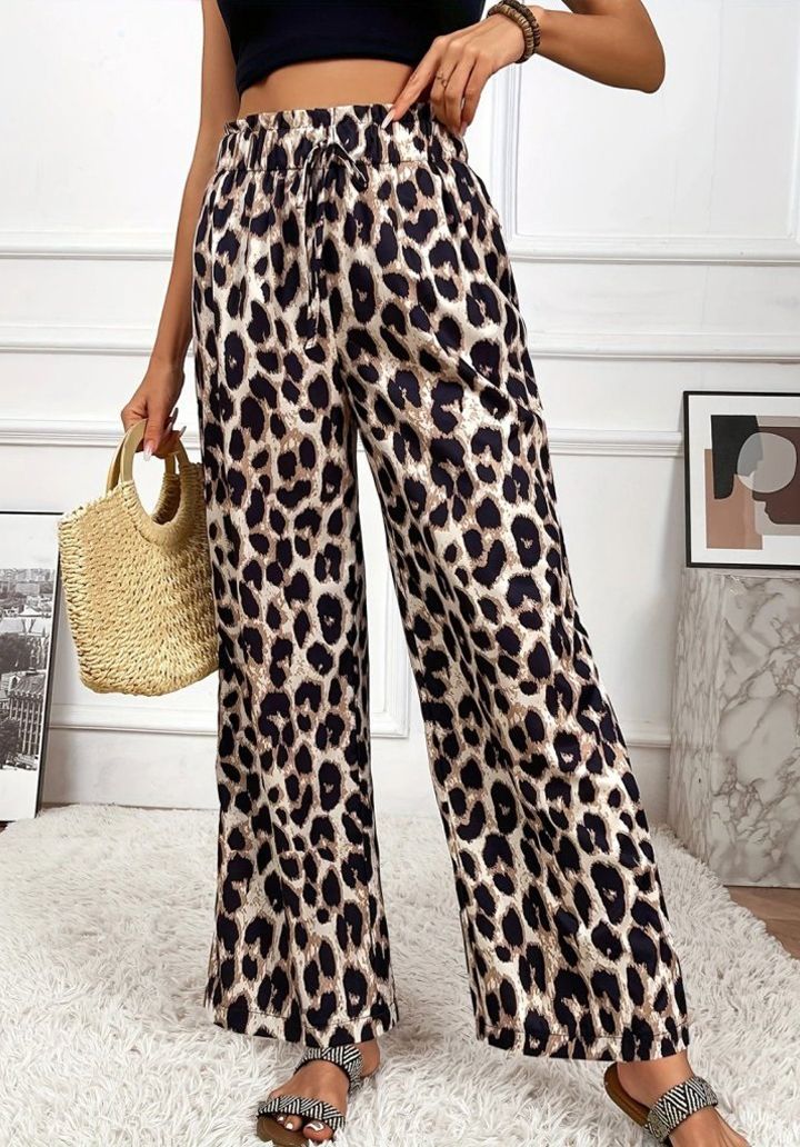 Kadın Yüksek Bel Beli Lastikli Bağcıklı Leopar Desenli Süprem Pantolon  - 3