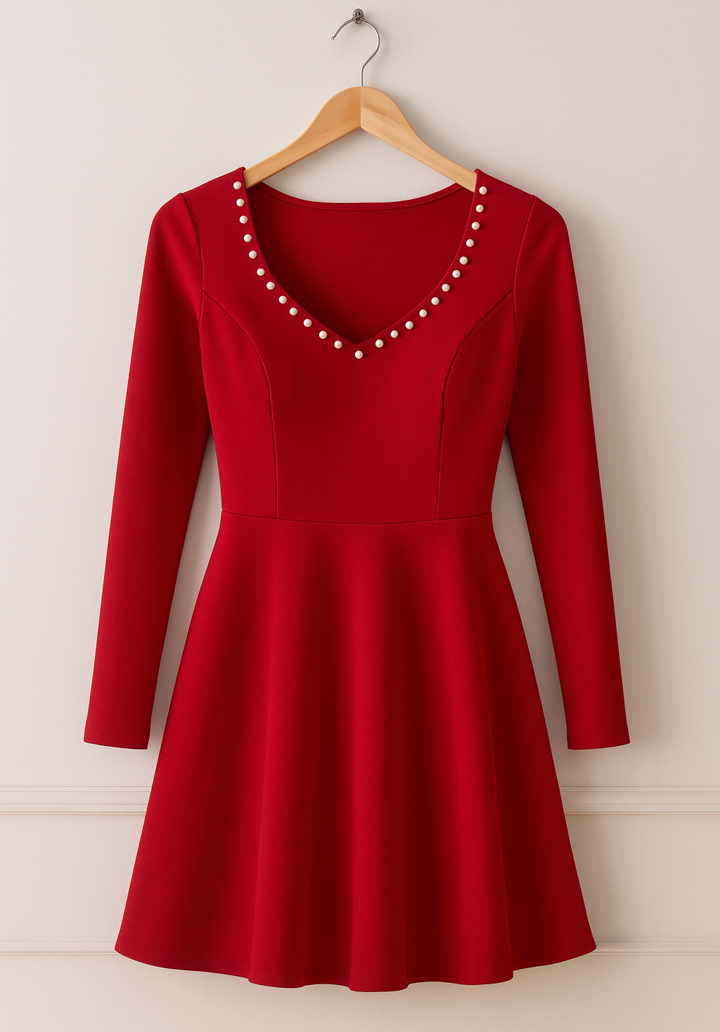 Kadın Uzun Kollu İnci Yakalı Kısa İthal Krep Elbise  - 3