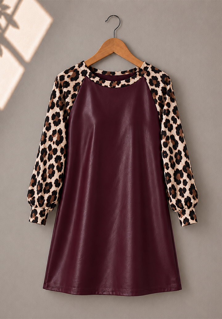 Kadın Deri Kumaş Bisiklet Yaka Leopar Kollu Elbise - Bordo - 3