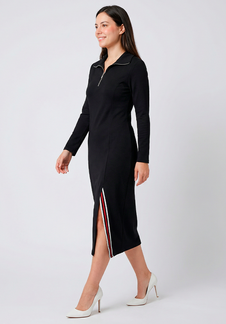 Kadın Önden Fermuarlı Yırtmaçlı İki İplik Midi Boy Elbise - 3