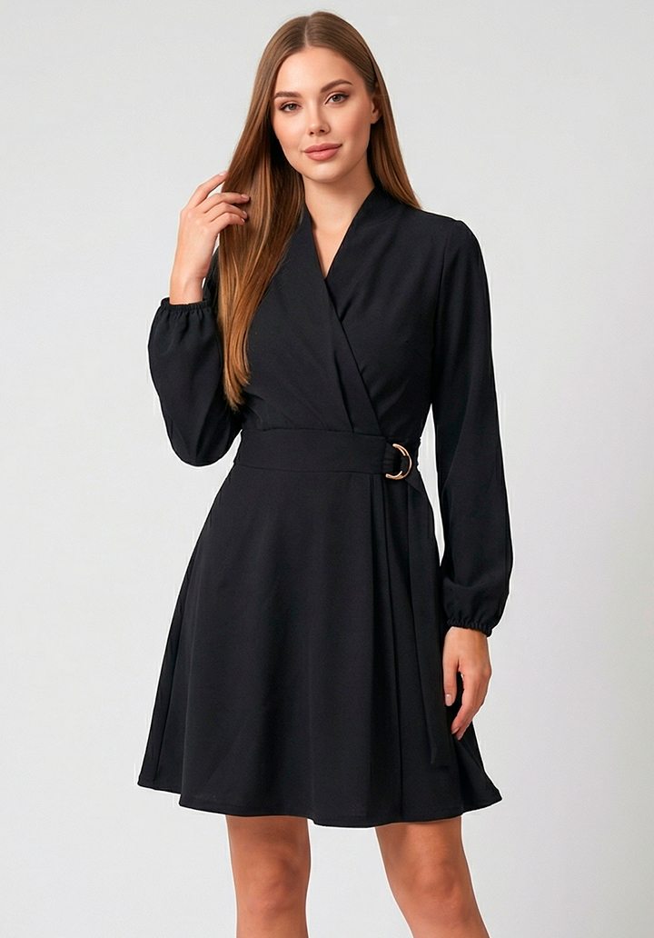 Kadın Belden Bağlamalı Toka Detaylı Krep Kumaş Mini Kloş Elbise - 3