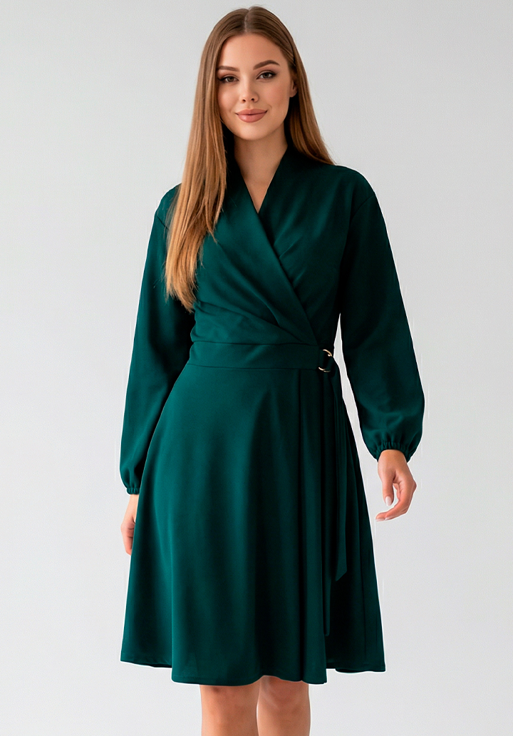 Kadın Belden Bağlamalı Toka Detaylı Krep Kumaş Mini Kloş Elbise - 3