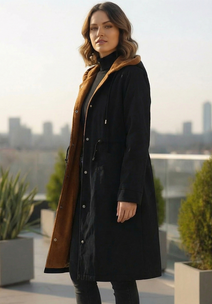 Kapüşonlu İçi Kaşe Su Geçirmez Mikro Kumaş Midi Boy Mont - 3