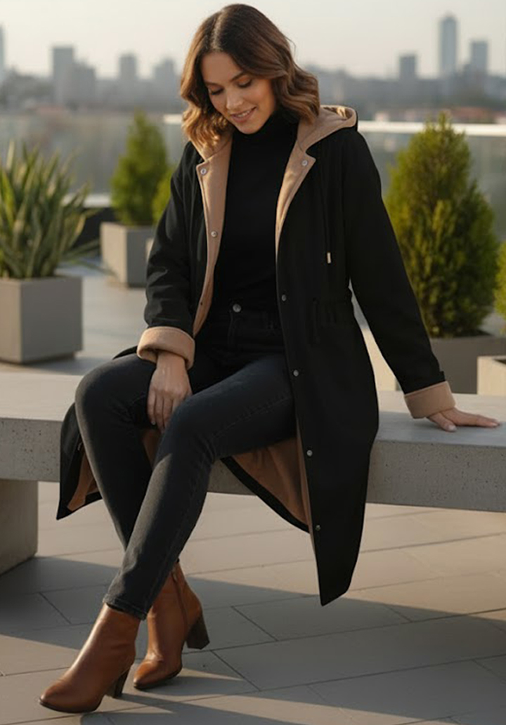 Kapüşonlu İçi Kaşe Su Geçirmez Mikro Kumaş Midi Boy Mont - 3