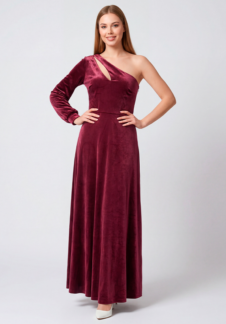 Tek Omuz Dekolteli Uzun Kadife Gece Elbisesi - 3