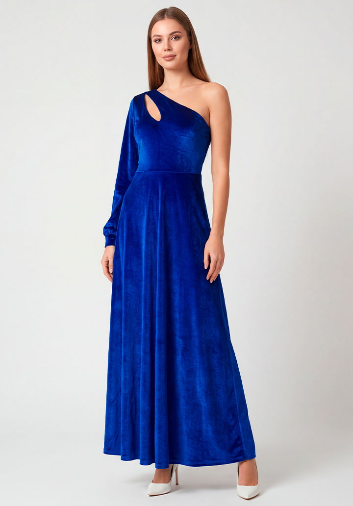 Tek Omuz Dekolteli Uzun Kadife Gece Elbisesi - 3