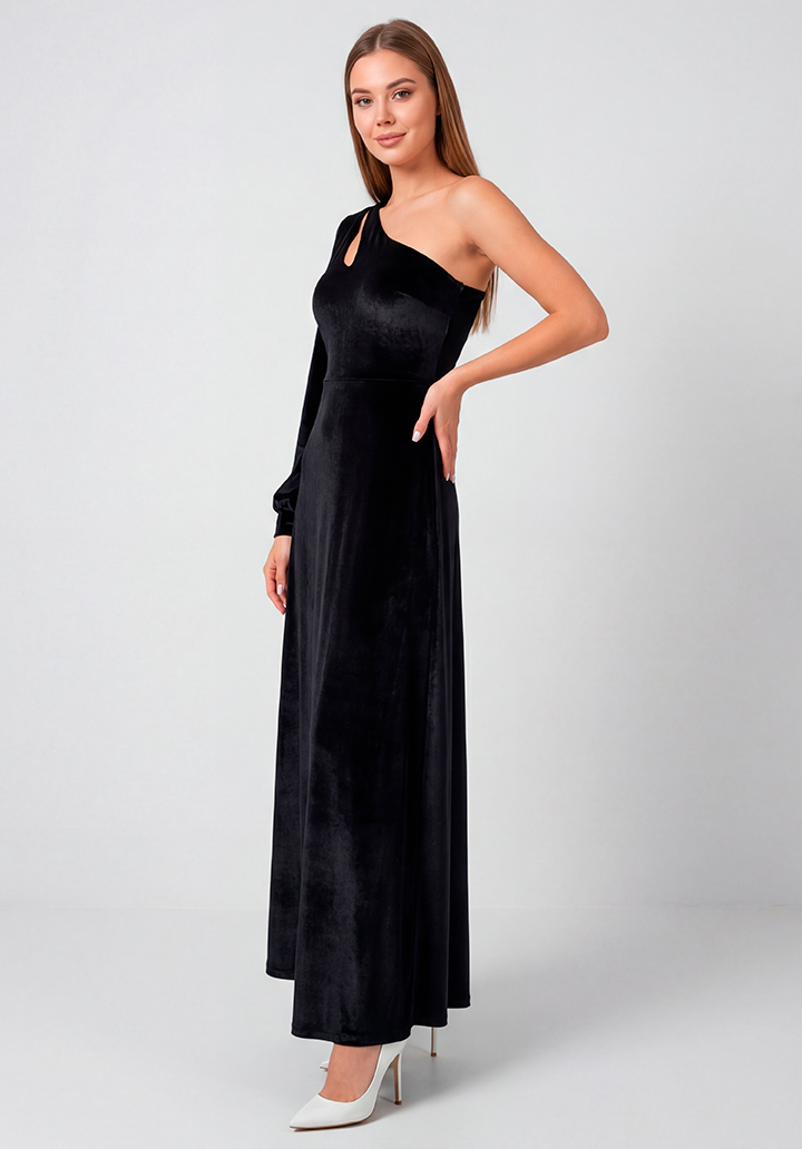Tek Omuz Dekolteli Uzun Kadife Gece Elbisesi - 3