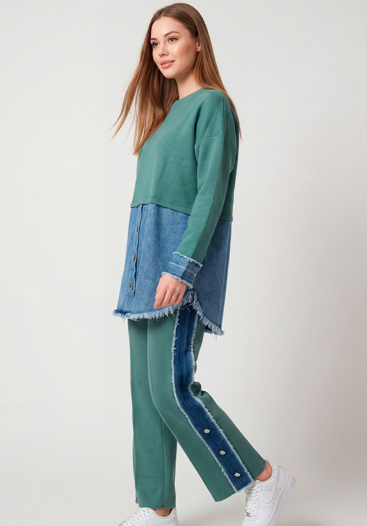 Kot Garnili Yanları Düğme Detaylı Triko Pantolon Tunik İkili Takım - 3