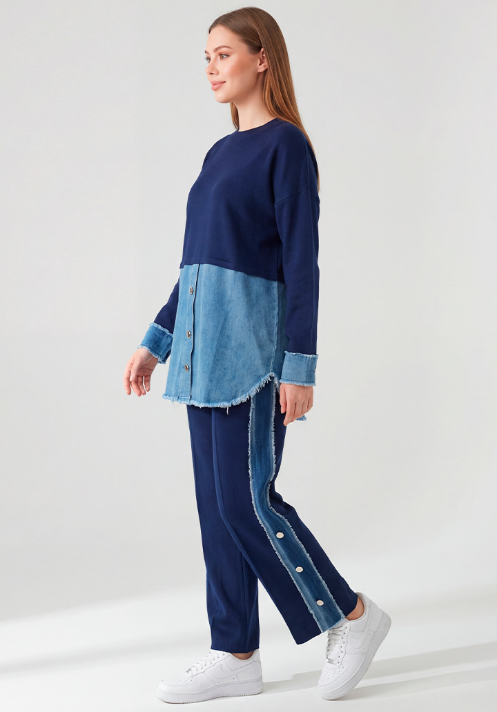 Kot Garnili Yanları Düğme Detaylı Triko Pantolon Tunik İkili Takım - 3