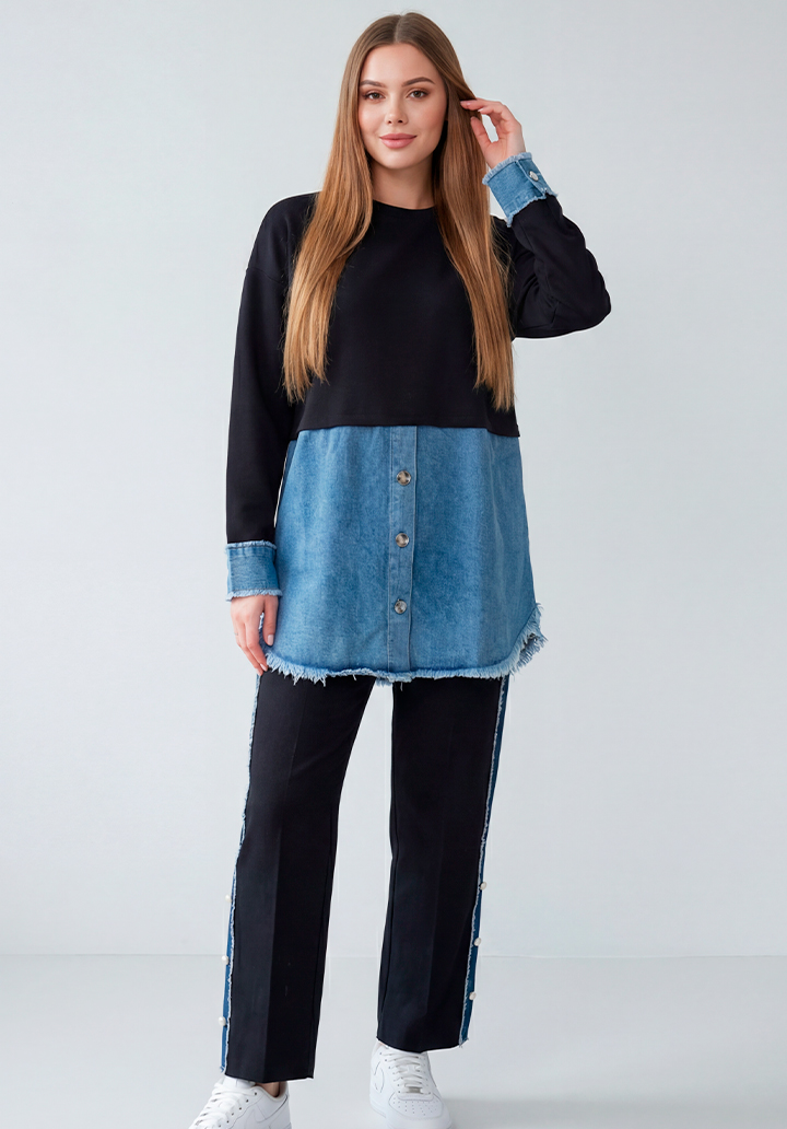 Kot Garnili Yanları Düğme Detaylı Triko Pantolon Tunik İkili Takım - 3