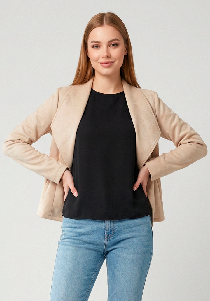Kadın Uzun Kollu Önü Açık Yakalı Süet Ceket - 3